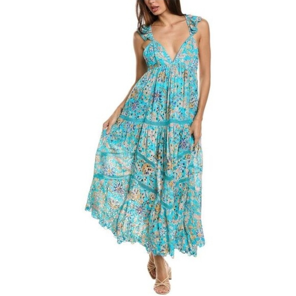 Hemant & Nandita Lyna Maxi Dress M Turquoise Blue Floral Eyelet Boho NWT $646